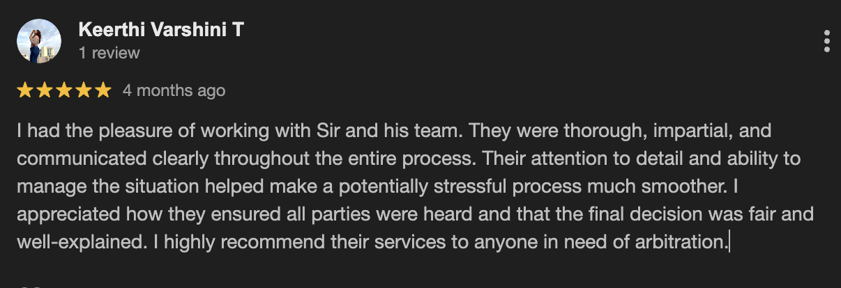 Google review from Keerthi Varshini T rating R. Venkatesan five stars for arbitration services