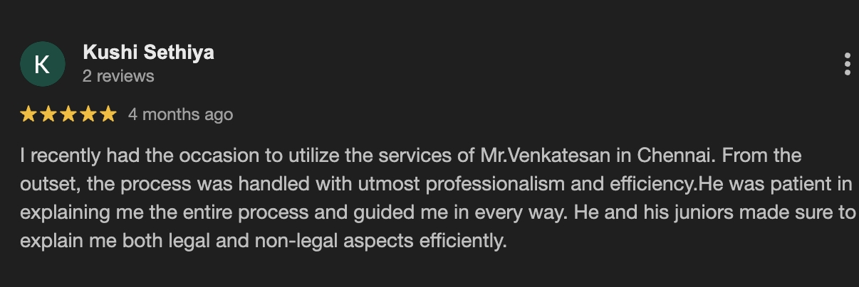 Google review from Kushi Sethiya rating R. Venkatesan five stars for professional legal services in Chennai