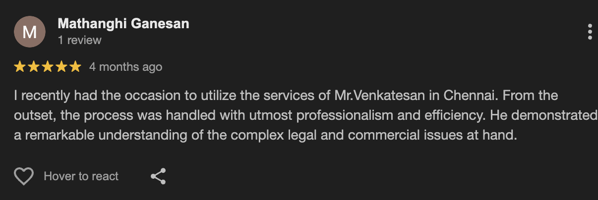 Google review from Mathanghi Ganesan rating R. Venkatesan five stars for handling complex legal issues