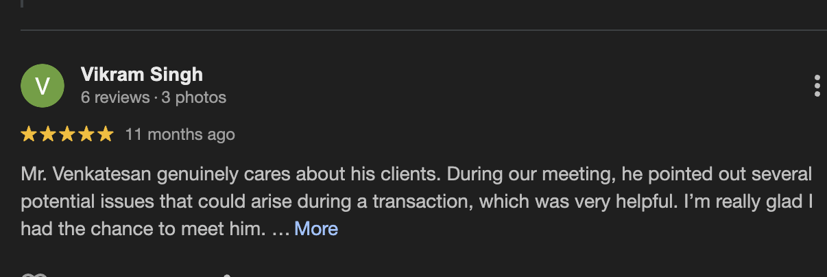 Google review from Vikram Singh rating R. Venkatesan five stars for helpful transaction advice